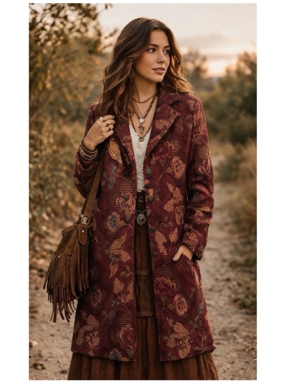 CABI Jacobean Tapestry Coat SZ 10 Floral Brocade Burgundy Pockets Boho Festival
